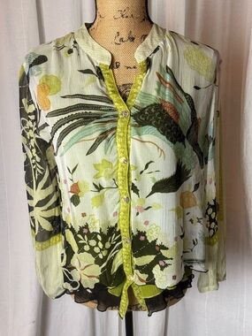 Citron Santa Monica Layered Silk Blouse Green Black White Bird Print Women’s M